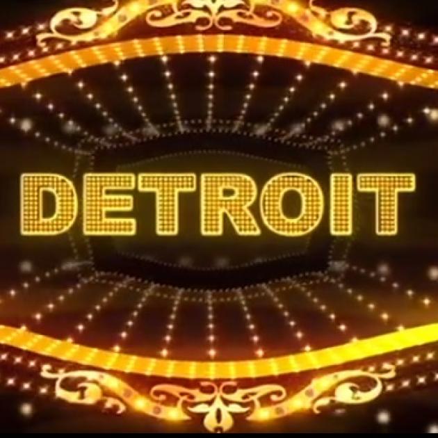 The word DETROIT in gold within a movie marquee