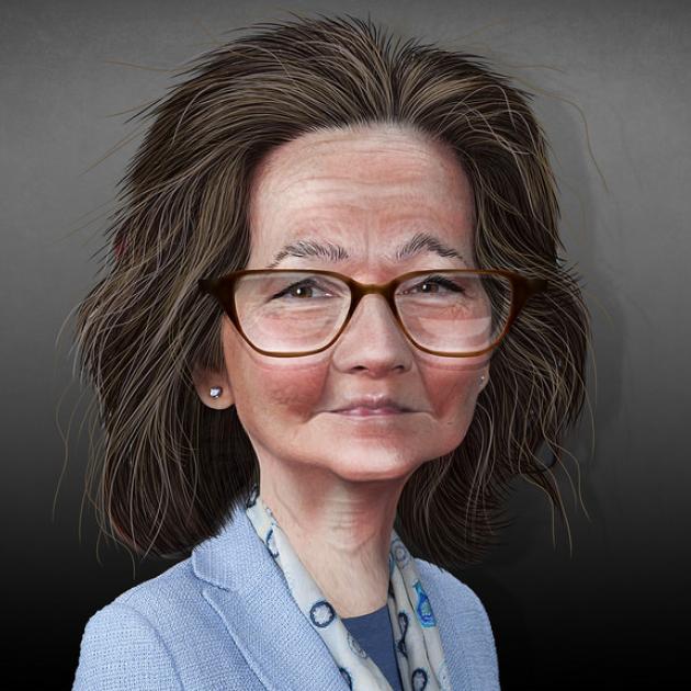 Caricature of white lady with glasses and brown hair
