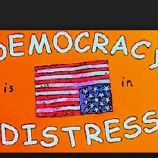 Drawing up upside down flag in between the words Democracy in distress