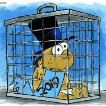Baby in top hat with 2019 sash in a cage looking scared