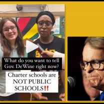 Kids with a sign about charter schools not public schools and Dewine
