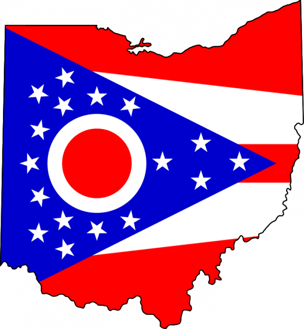 The map of Ohio with the Ohio flag coloring it in, red stripes and a blue triangle with white stars inside and a red circle