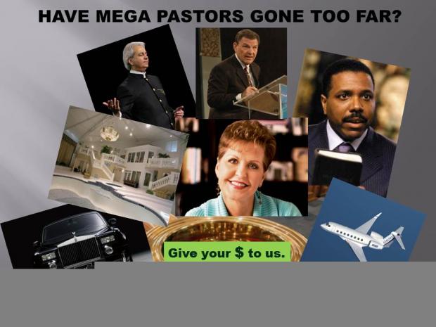 Collage of photos of pastors plane, car, big house, request for money