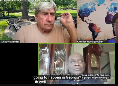 Zoom capture of Christian Nunez, Harvey Wasserman and Ray McClendon