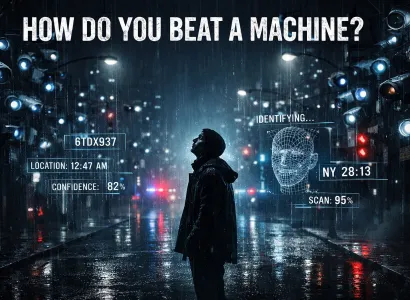 Man standing among AT images