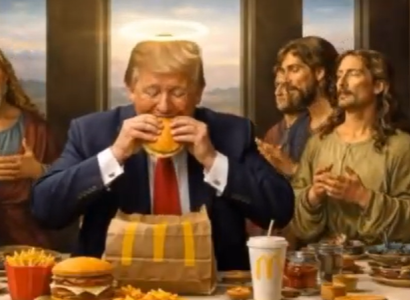 Trump at the last supper eating a hamburger