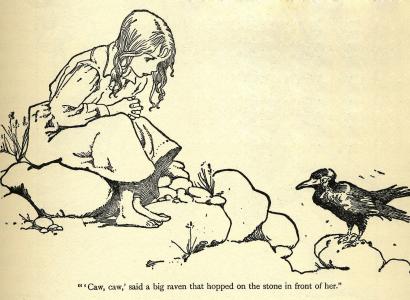 Cartoon Crow talking to little girl