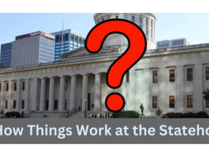 Ohio Statehouse with a question mark on it
