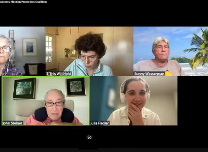 Harvey "Sunny" Wasserman, LYNN FEINERMAN, JOHN STEINER, JULIA FIEDLER and "T" in 275 zoom
