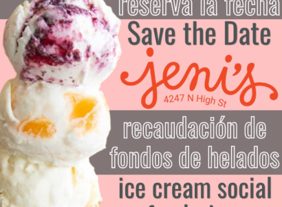 Dark grey background with two Jeni's icecream cones held in people's hands. Cited text with fundraiser details / fondo rosa con cucurucho triple de helado y detalles del evento en el texto