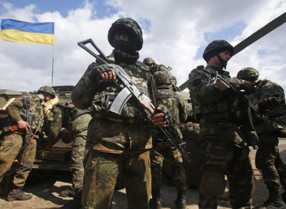 Soldiers and Ukraine flag
