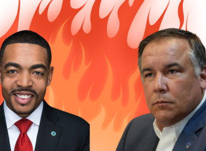 Mayor GInther and Council President Shannon Hardin with fire in background