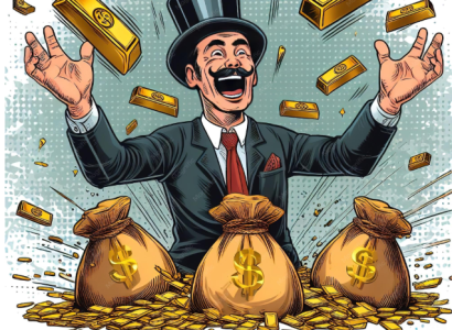 Man in top hat happy surrounded by money