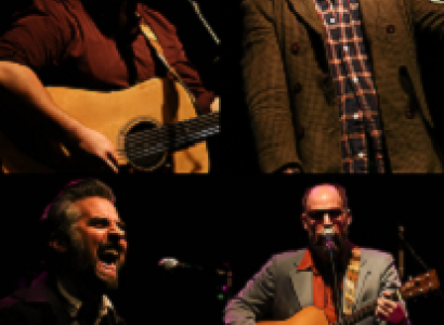 Four photos of men in band put together in one block, top left a white man with a brown beard playing a guitar and signing, top right a black man in a hat and goatee with plaid shirt and brown jacket leaning away from a mic while singing, bottom left a white man with grayish hair mouth wide open at mic and bottom right a bald man playing a guitar at a mic