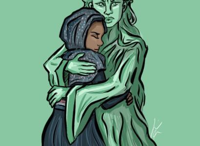 Statue of Liberty hugging a small child