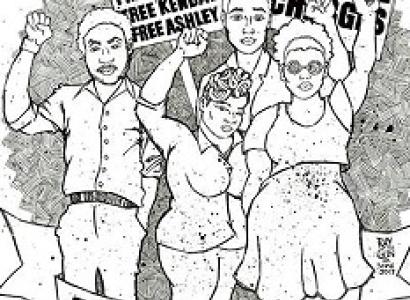 Drawing of four young black people with fists in air and words Black Pride 4