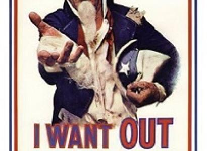 Uncle San with a head wound and reaching out with one hand, the other holding his hat to his side and the words I Want Out