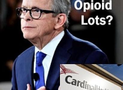 Older white man with gray hair and black rimmed glasses in a suit looking to the left and an insert at bottom right of a Cardinal Health building and the words Opioid Lots?