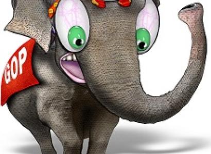 Cartoon of an elephant with a GOP banner on his side looking wide eyed and upset