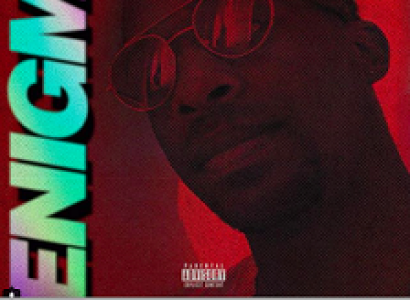 Red background with face of black man wearing sunglasses and the word ENIGMA in blue and pink running up the left side