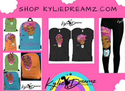 Clothes with picture of young black girl on them with words Shop KylieDreamz