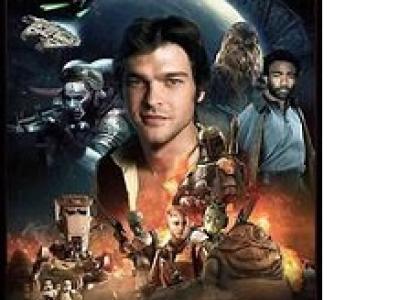 Movie poster for movie Solo with brown haired guy head and shoulders in the middle and lots of scenes of science fiction around him