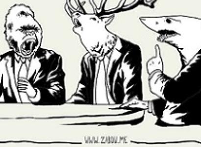 Black line drawing of three men at a table supposedly arguing though their heads are a gorilla, a stag with antlers and a shark, the word politics at the top