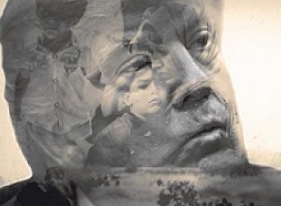 Black and white photo of older white man's (Donald Trump) face close up and in the background of his face there are children and people walking like depicting immigrants