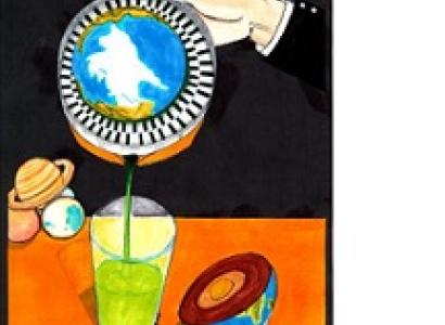 A hand with like an orange squeezer with the Earth inside pouring a liquid out of it in to a cup on a table, the other half of the world lying on the table and off to the left on the table are Saturn and two other planets