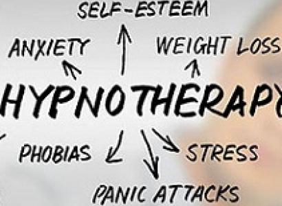 Word Hypnotherapy and arrows from it pointing to words self esteem, weight loss, phobias, stress, panic attacks, anxiety 