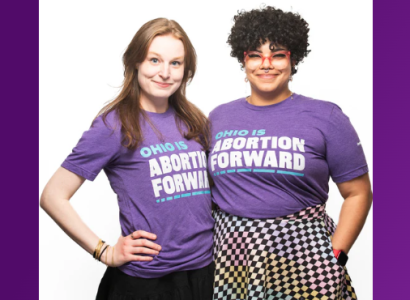 Two women in Abortion Forward shirts