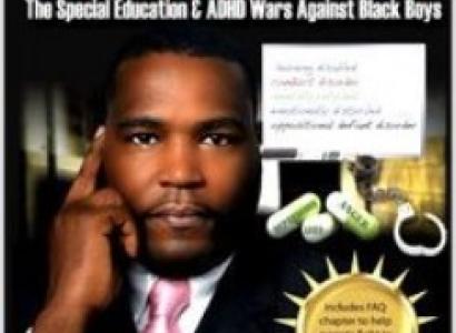Book cover with black man in suit with pink tie looking ahead with hand by side of head as if thinking and some white pills to the right and the name Umar Johnson in red letters below