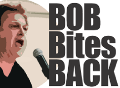 Bob's at mic yelling and words Bob Bites Back