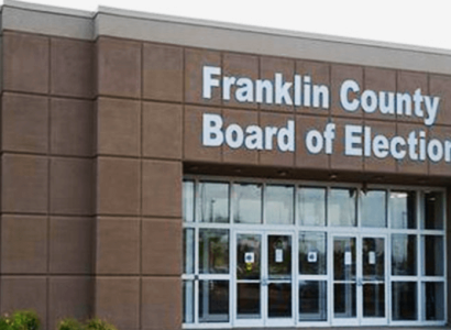 Big building with words Franklin County Board of Elections with glass doors