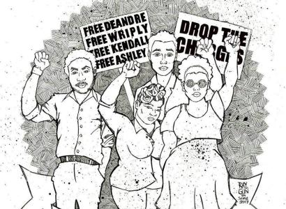 Black and white drawing of four people holding their fists up with signs that say Black Pride 4