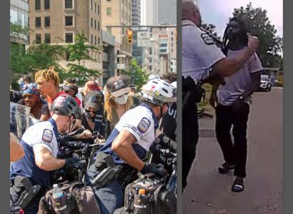 Two pictures one of cops and protesters, one of a cop getting ready to punch a guy