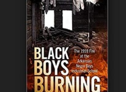 A wrecked up burning building book cover with words Black Boys Burning