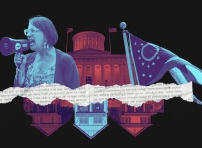 Woman with bullhorn, Statehouse, Ohio flag, people's houses