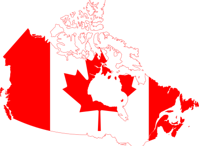 Map of Canada with red and white image of flag on the map