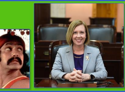 Young white woman smiling and Cheech and Chong