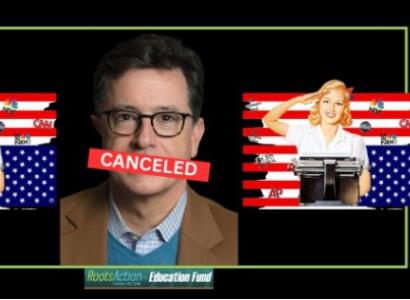 Colbert with CANCELED over his mouth