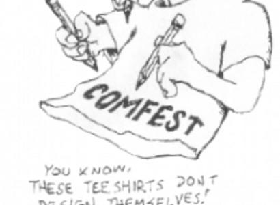A T-shirt drawing on itself with words Comfest on it