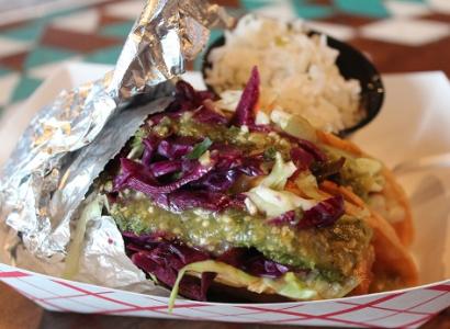 Vegan Tacos, Hominy Thai Tofu, taco with jicama cabbage slaw, red cabbage and salsa verde with a side of cilantro lime rice.