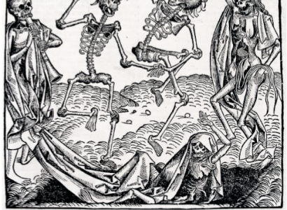 Black and white drawing of scary medieval skeletons