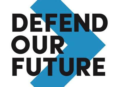 Big blue arrow head pointing right with black words on top Defend our future