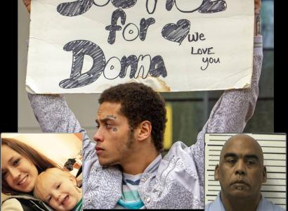 Collage of photos of Donna, Mitchell and someone holding a sign saying "Justice for Donna"