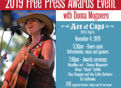 Poster about the event with photo of Donna Mogavero