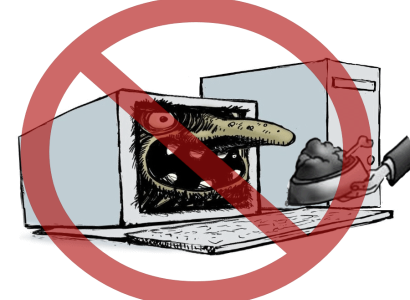 No sign over a computer with a scary face