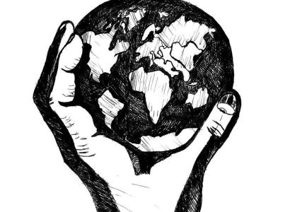 Black and white drawing of a hand holding the Earth