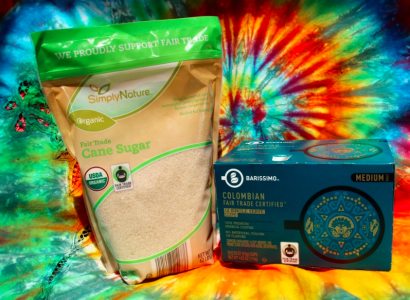 Pictures of a bag of health sugar and certified organic food against a bright colorful tie-dyed background